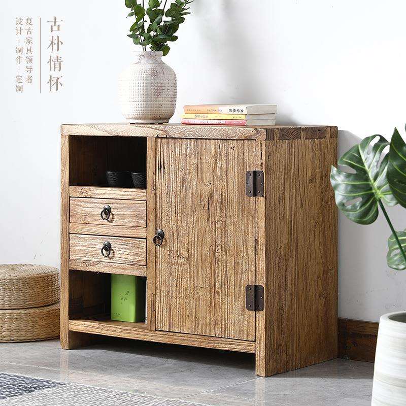 老榆木门板茶水柜实木置物架烧水台边几边柜下置水桶一体家用家具