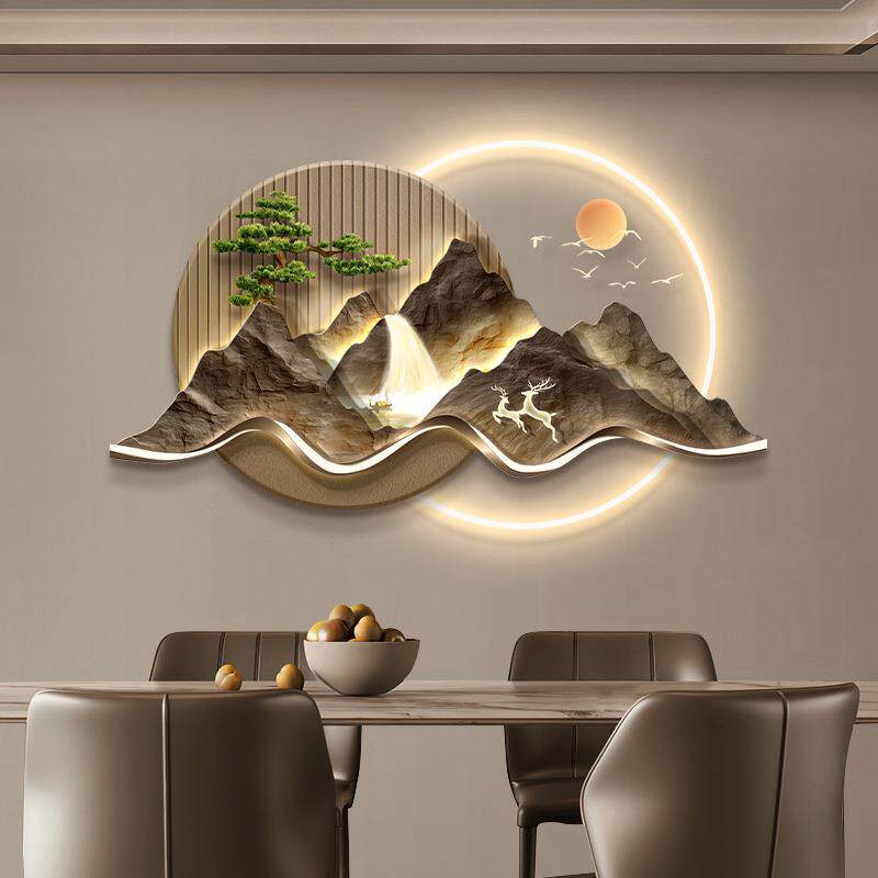 新中式茶室客厅装饰画办公室书房灯画大气山水高档迎客松壁画挂件