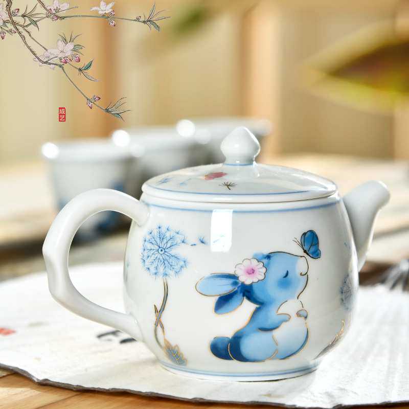 成艺手绘简约时尚1壶3杯茶具套装小套户外旅行茶具家用泡茶壶青花