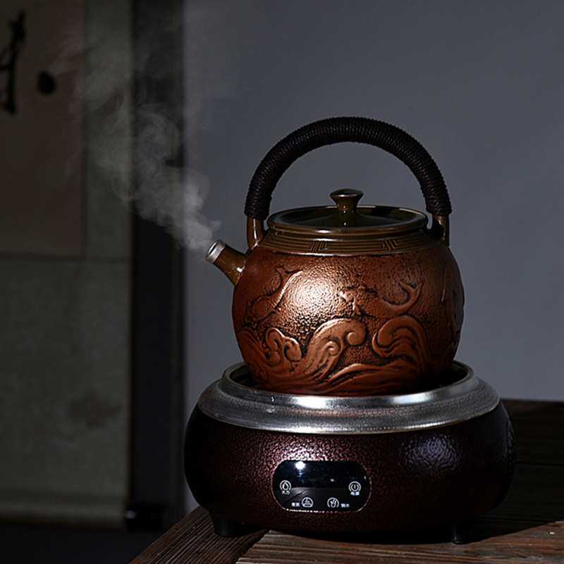 陶瓷七彩煮茶壶耐热提梁烧水壶日式纯手工复古大号鎏银家用泡茶壶