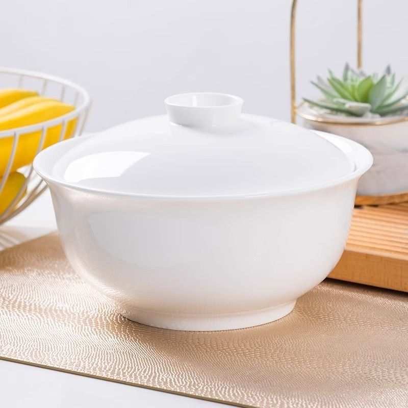 景德镇纯白骨瓷碗带盖汤盆陶瓷大号家用新款简约8寸有盖大汤碗