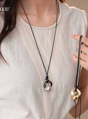 抽象几何不规则圆形可抽拉皮绳项链小众设计感锁骨链欧美跨境项饰