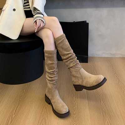 728-3胖mm长靴2024冬季绒面堆堆靴粗腿长筒靴大筒围大码女靴41-43