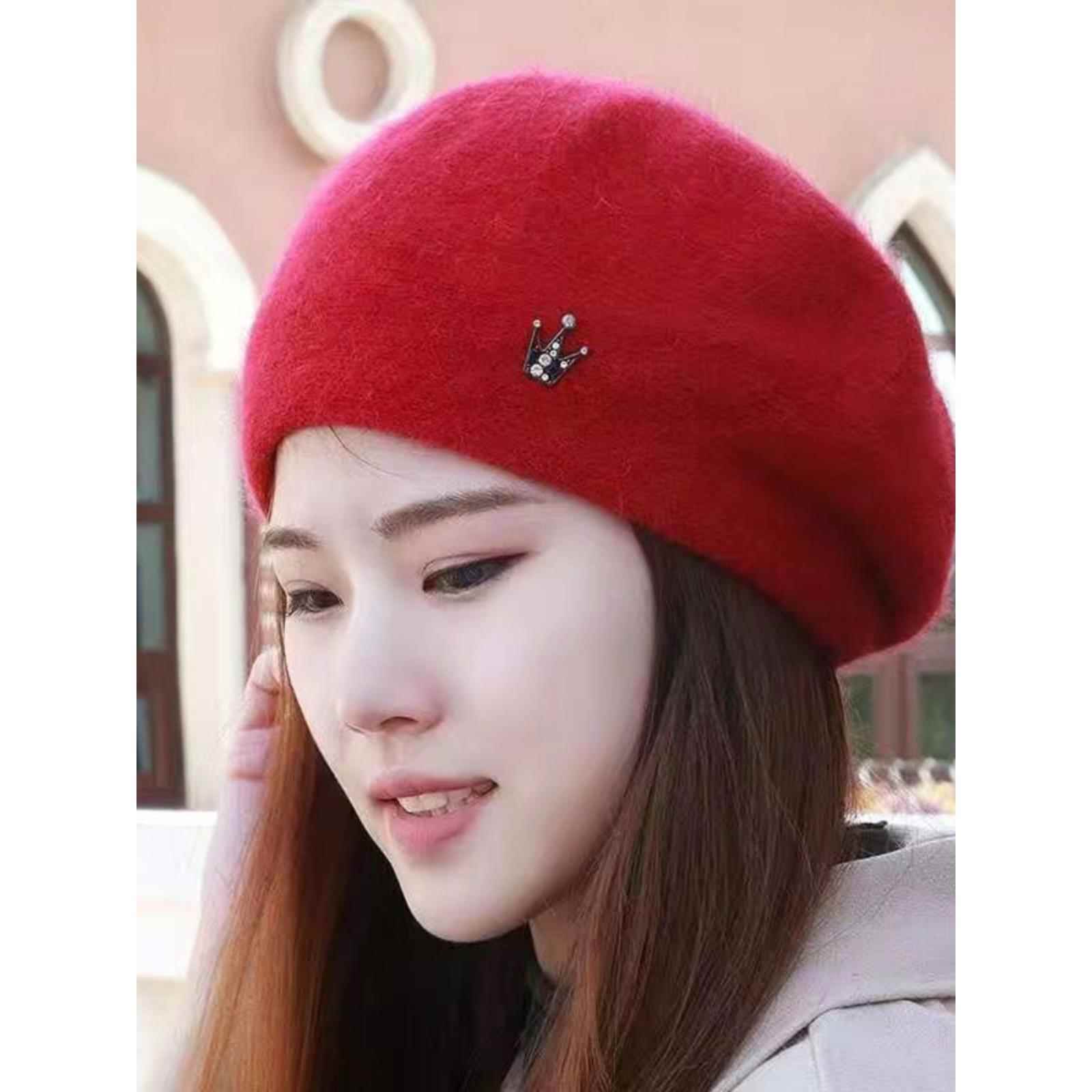 红色贝雷帽女韩系保暖时尚针织护耳帽冬季兔毛加厚毛线帽子蓓蕾帽