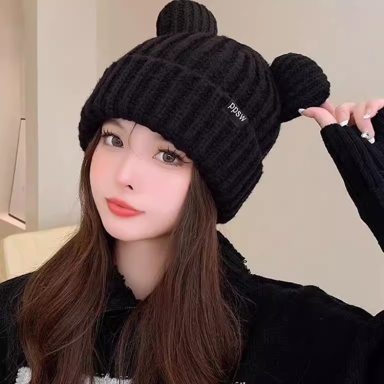 韩可爱小熊耳朵毛线帽保暖护耳