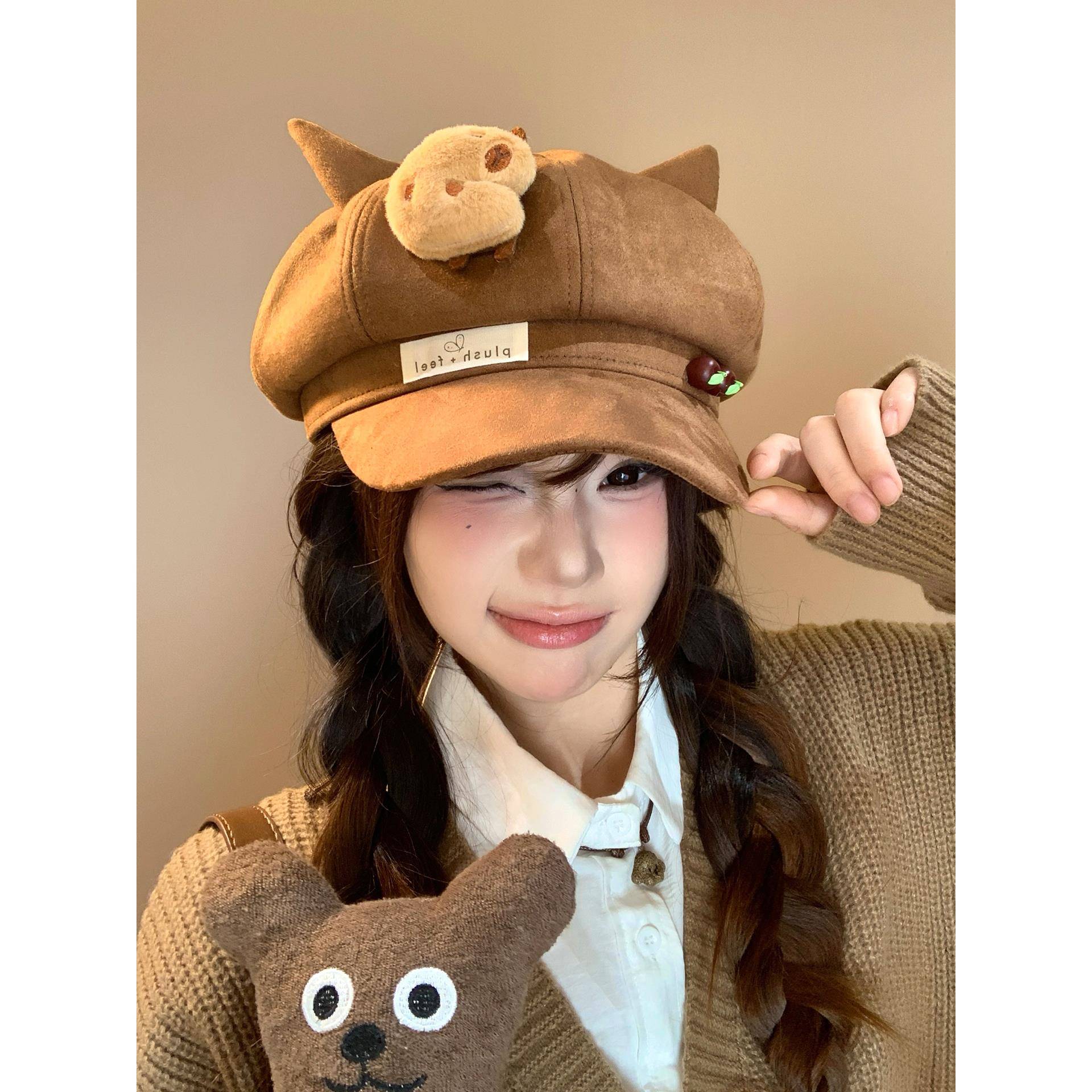 可爱猫耳朵卡皮巴拉贝雷帽女秋冬新款保暖百搭大头围显脸小八角帽