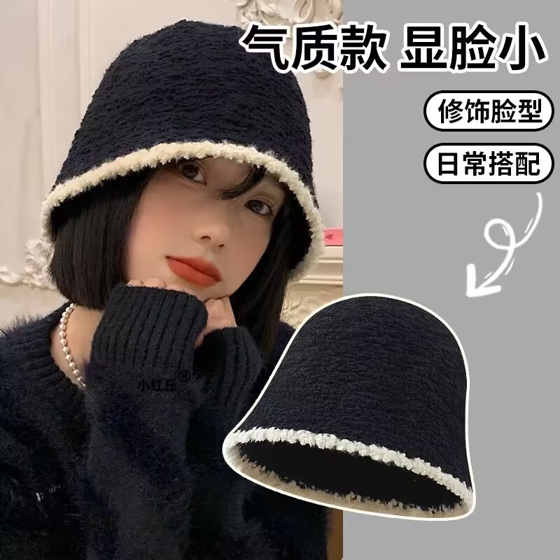 黑色毛绒针织渔夫帽子女款2025新款秋冬季时尚显脸小保暖水桶盆帽