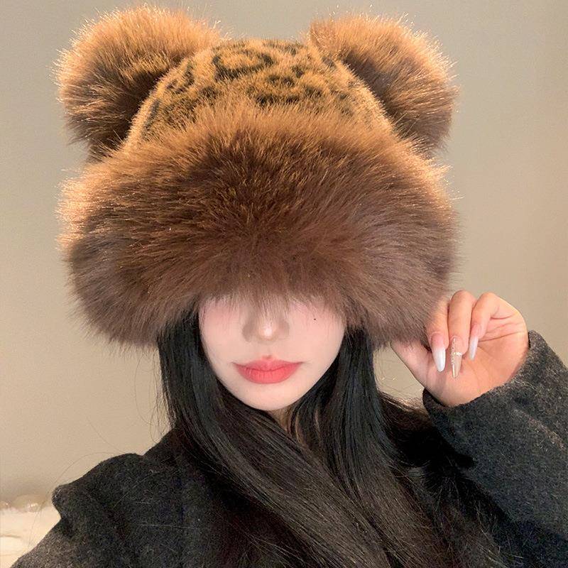 复古豹纹耳朵毛绒蒙古帽子男女同款秋冬季加厚保暖仿皮草护耳盆帽