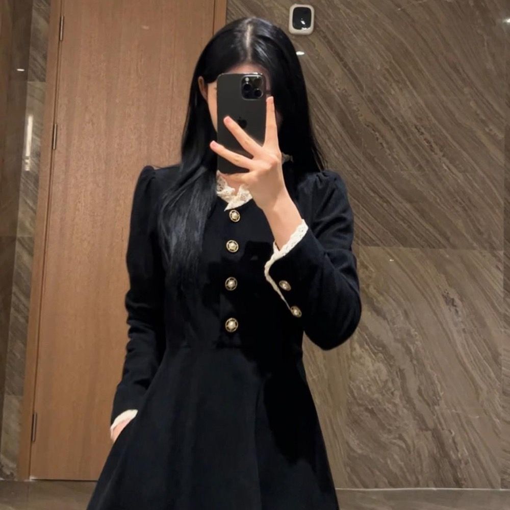 法式小香赫本风内搭连衣裙子秋季2025年新款女黑色小个子秋冬长裙