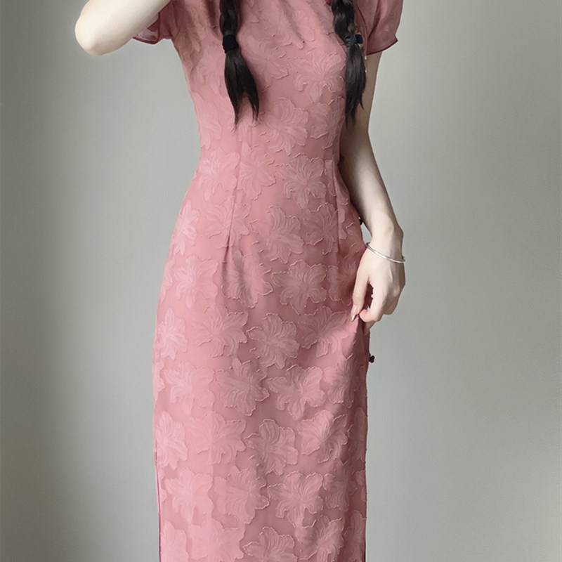 桃时复古民国风改良修身新中式日常粉色年轻款少女旗袍秋冬款