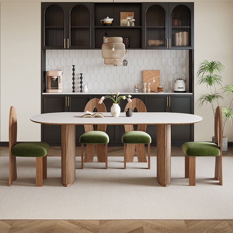 大司马法式复古岩板餐桌小户型家用长方形白蜡木实木椭圆形餐桌椅