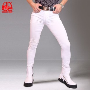 男士低腰性感弹力紧身白色牛仔裤包腿小脚裤发型师铅笔裤休闲裤子