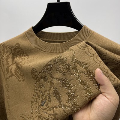 老虎提花针织衫卫衣男圆领秋冬款高端内搭打底衫男t恤长袖上衣服