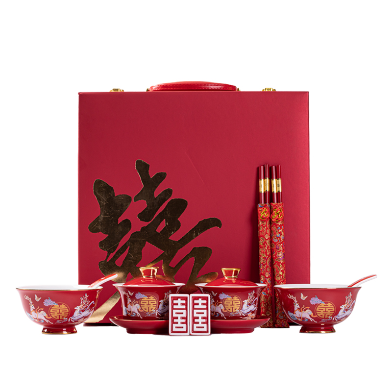高档结婚改口敬茶杯喜碗套装精致小众陪嫁陶瓷碗筷茶具礼品送新娘