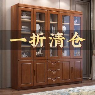 实木书柜家用落地带玻璃门靠墙置物架现代简约收纳储物柜展示柜子