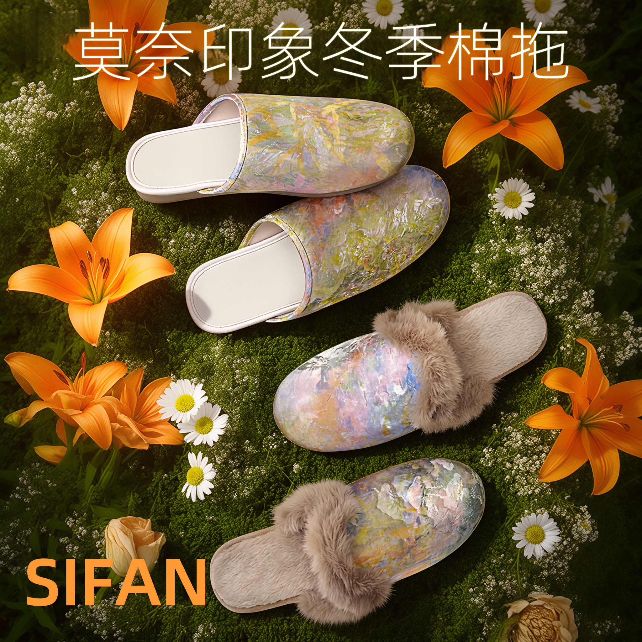 丝梵云纱莫奈女士棉拖鞋秋冬加绒