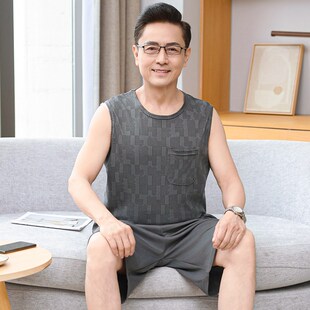 中老年睡衣男士纯棉背心短裤夏季薄款家居服M夏天爸爸大尺码宽松