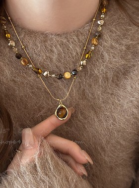 秋冬复古虎眼石款天然石串珠项链套装女轻奢时尚锁骨Y链气质毛衣