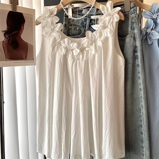 吊带上 高级感宽松减龄S白色无袖 法式 重工立体花朵雪纺背心女夏季