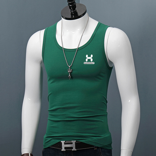汗 夏天纯棉外穿弹力紧身运动打底无袖 跨栏印花宽肩背h心男士 修身