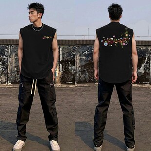 复古潮牌花卉坎肩上衣 t恤美式 夏季 街头潮流休闲运动纯棉背x心男款