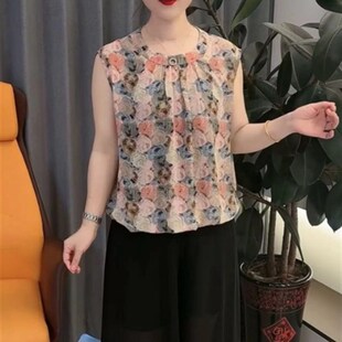 女宽松舒适清凉透气时尚 h圆领碎花小衫 百搭减龄背 中老年砍袖 夏季