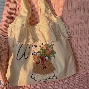 夏季 可爱小兔包包蕾o丝花边单肩包大容量背心帆布袋学生上课手提