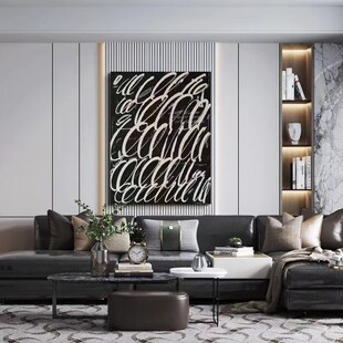 纯手绘油画抽象黑白曲线线条客厅装饰画现代玄关肌理挂画