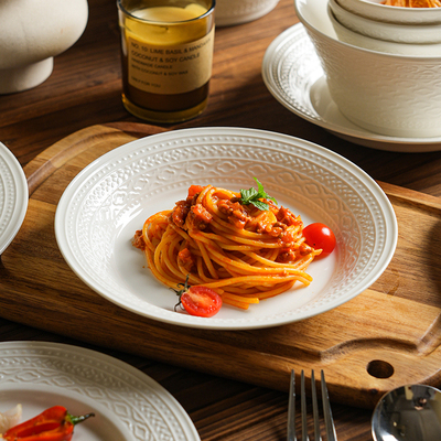 法式浮雕牛排餐盘西餐盘子级感家用陶瓷白色碟子平盘意面盘