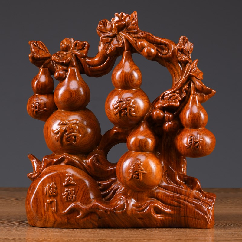 招财葫芦摆件实木雕刻五福临门葫芦家居客厅酒柜摆设新家乔迁礼品