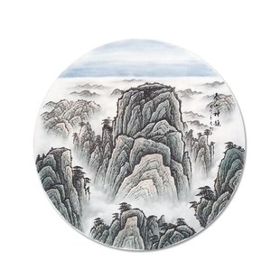 手绘国画山水画玄关圆形挂画泰山神韵无水无太阳实木框