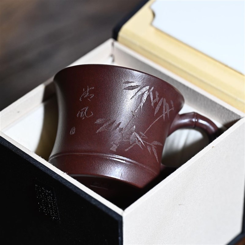 宜兴紫砂杯原矿老紫泥刻字竹节带把主人杯品茗杯纯手工礼盒装送人