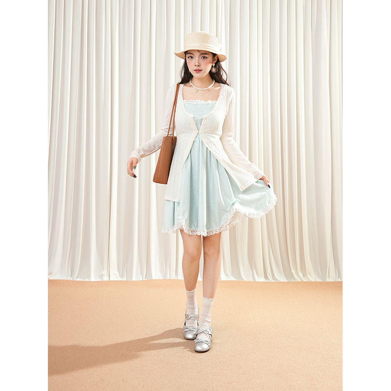 【薄荷漫波】 Vintage古着套装2025新款开衫花边上衣连衣裙两件套