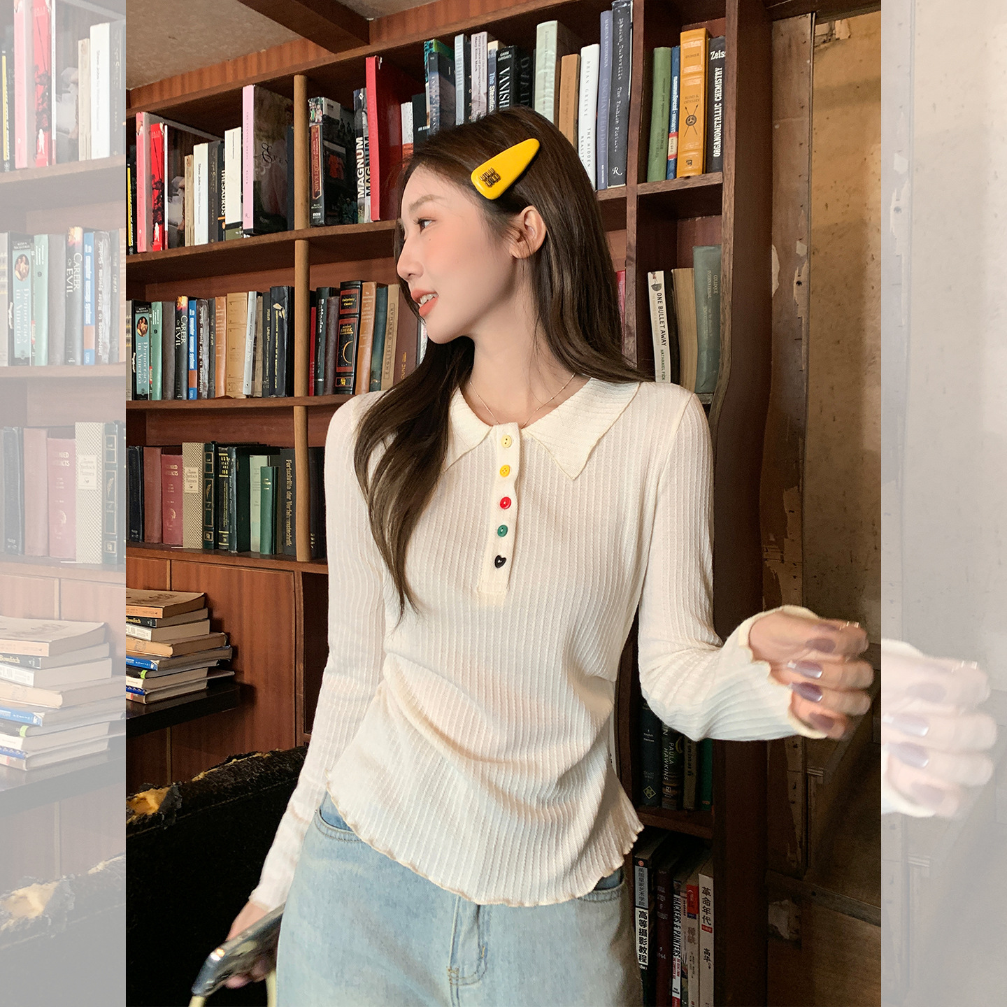 POLO领长袖肌理感女秋季新款打底内搭收腰褶皱木耳边纽扣T恤上衣