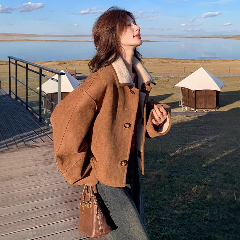 双面可穿麂皮绒上衣女秋季2025新款小个子冬季加绒加厚羊羔毛