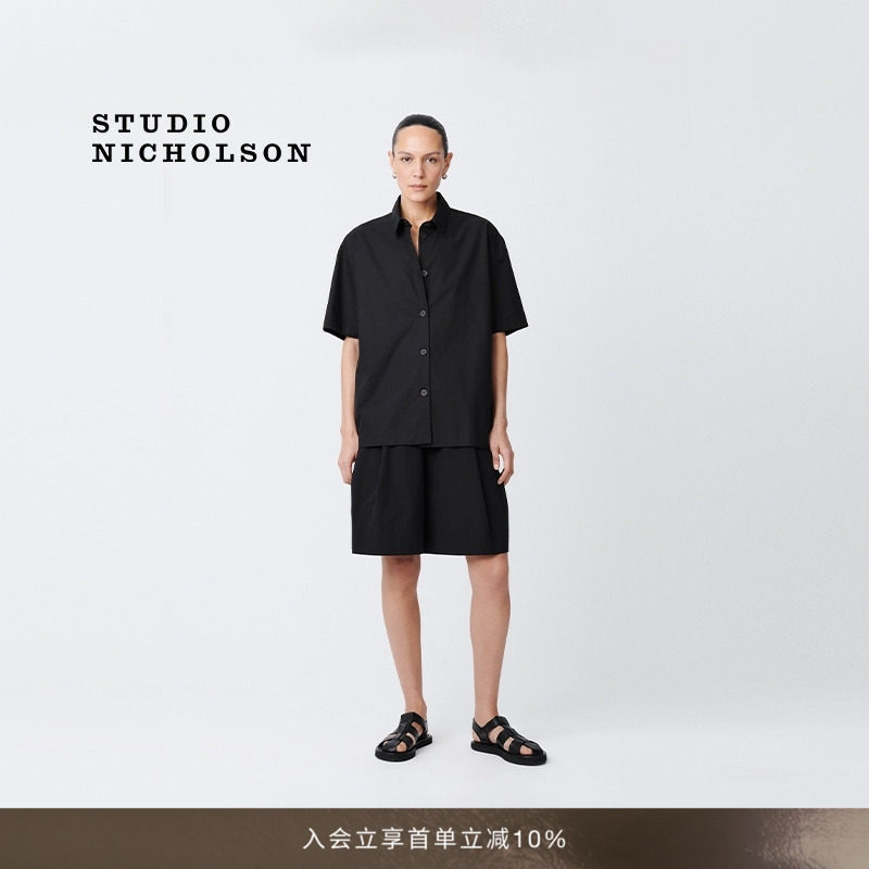 STUDIO NICHOLSON女士PIERO短袖棉质BOXY衬衫图片
