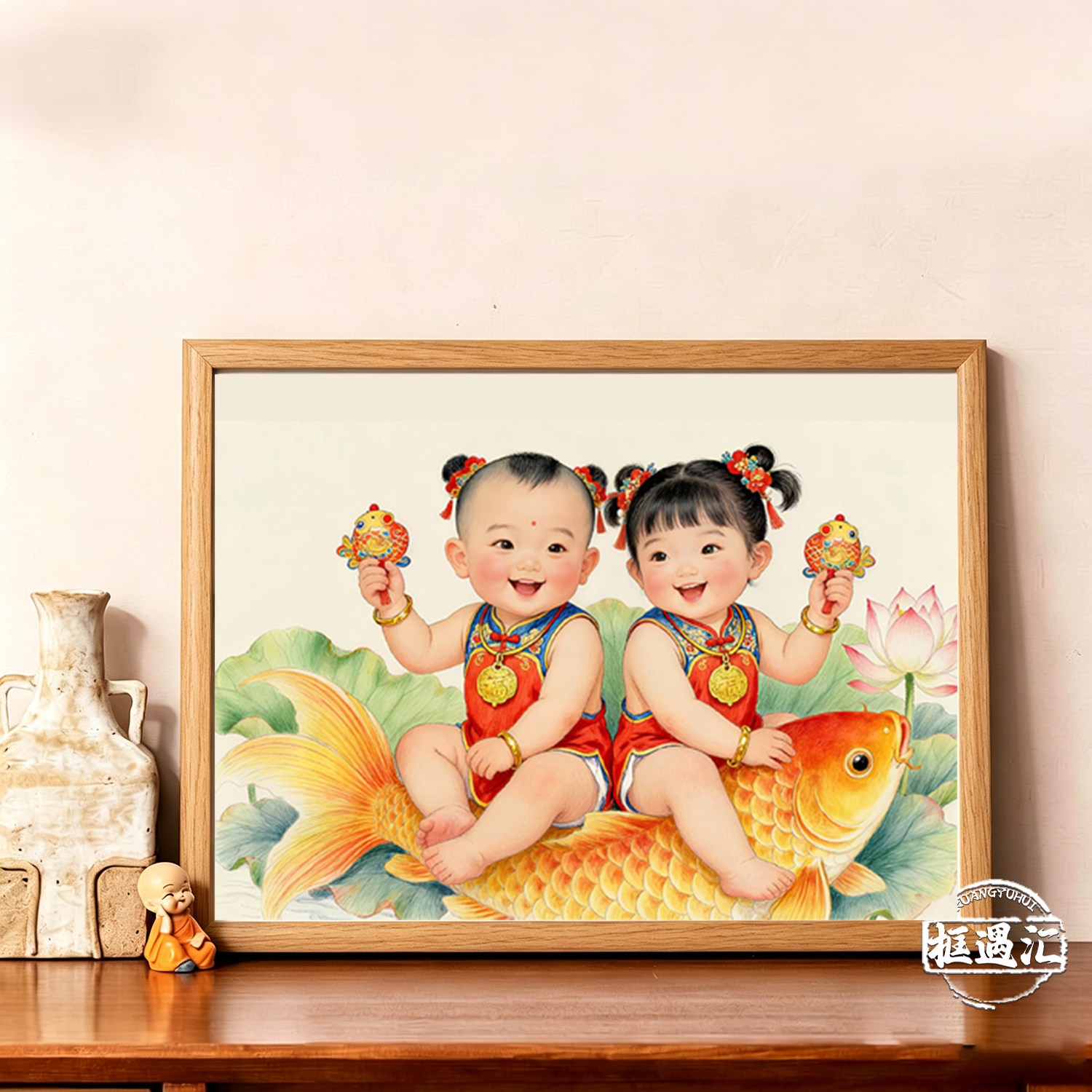 贝甄龙凤胎送子年画相框摆件
