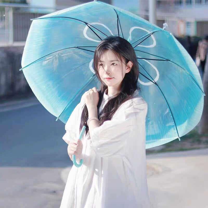 半自动长柄伞浪漫水母伞透明伞渐变弯钩直柄伞防水雨伞透明伞