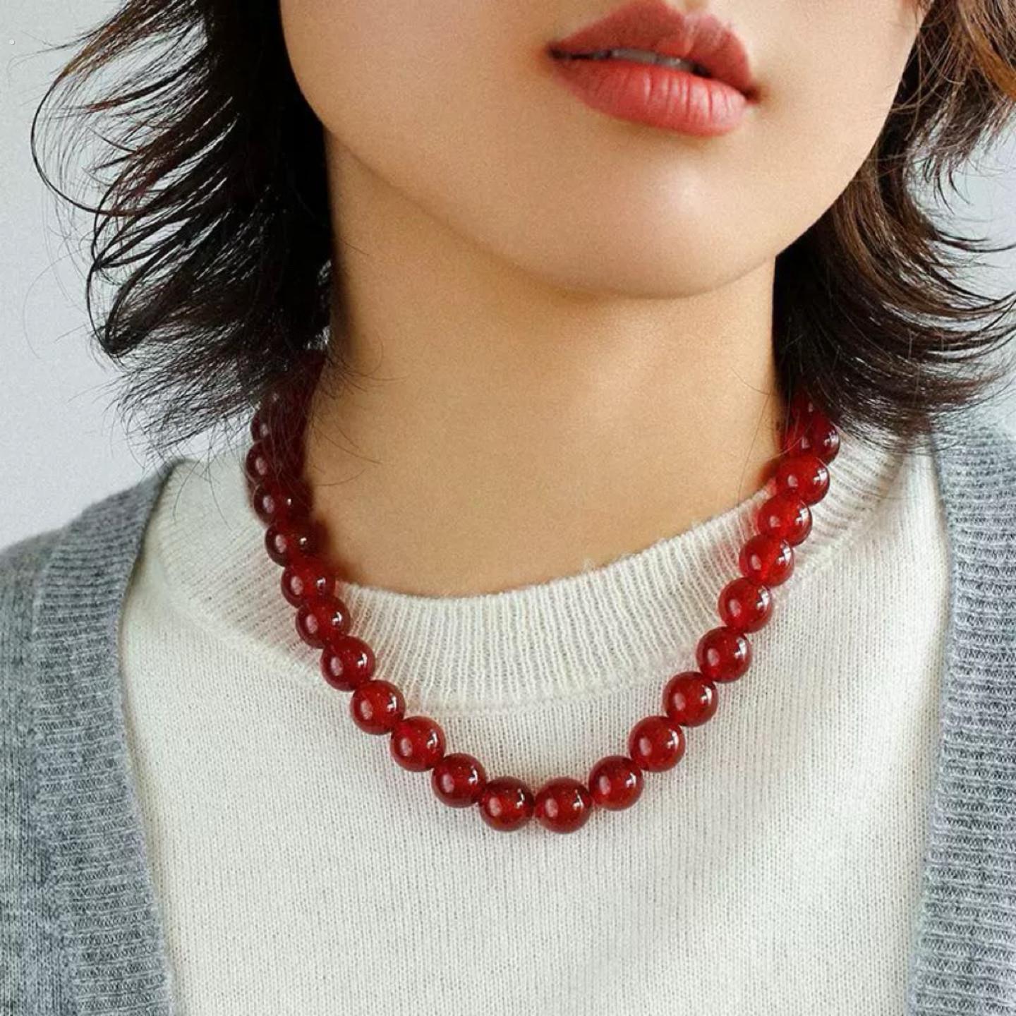 宝儿姐同款欧美复古红玛瑙圆珠手工串项链女个性小众高级锁骨颈链