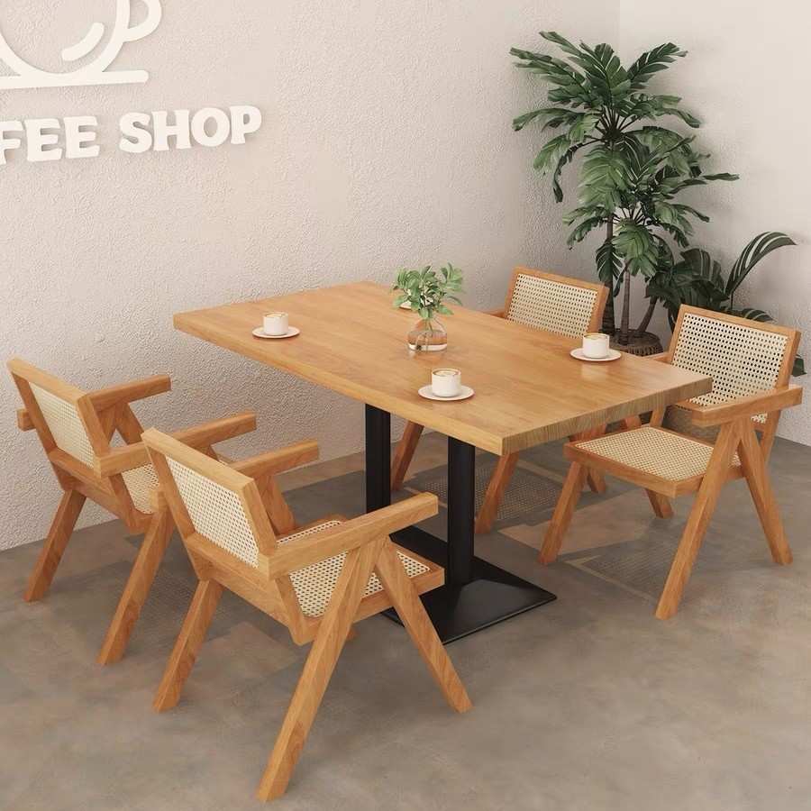 北创意休闲实木咖啡茶几饭店餐厅用餐桌简约方桌接待休息桌椅组合