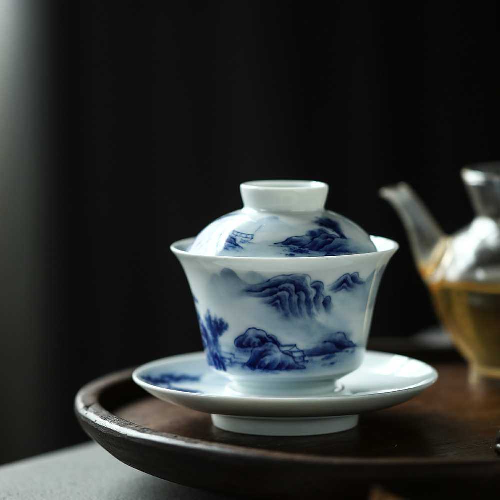 重工青花山水盖碗细腻工艺不烫手泡茶大号三才茶杯景德镇青花陶瓷