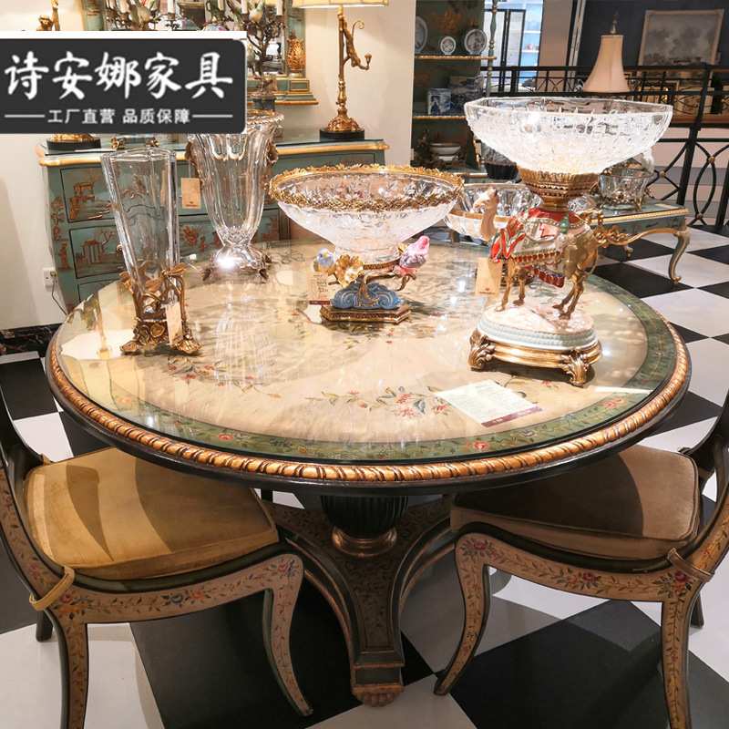 法式实木客厅家具欧式复古做旧手工彩绘圆形餐桌椅组合