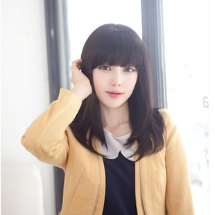 假发女中长发气质真发 齐斜刘海真发头套自然逼真 男女反串表演