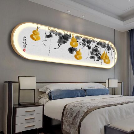 网红五福临门饰发画带灯书装茶房卧室床头挂新中式葫芦画庭led光