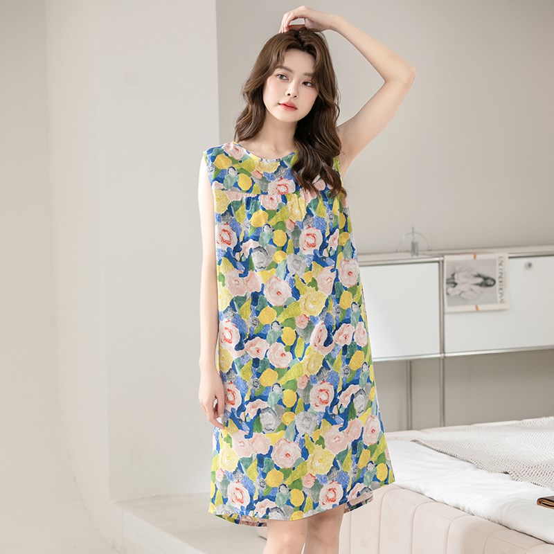 无袖背心绵绸裙子2024夏季新款宽松大码棉绸睡裙年轻妈妈棉绸睡衣