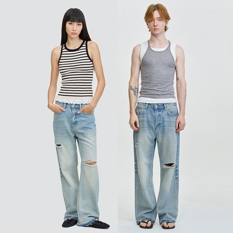LEONSENSE力上司 超柔垂坠破洞牛仔裤宽松直筒浅蓝色做旧毛边百搭