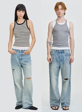 LEONSENSE力上司 超柔垂坠破洞牛仔裤宽松直筒浅蓝色做旧毛边百搭