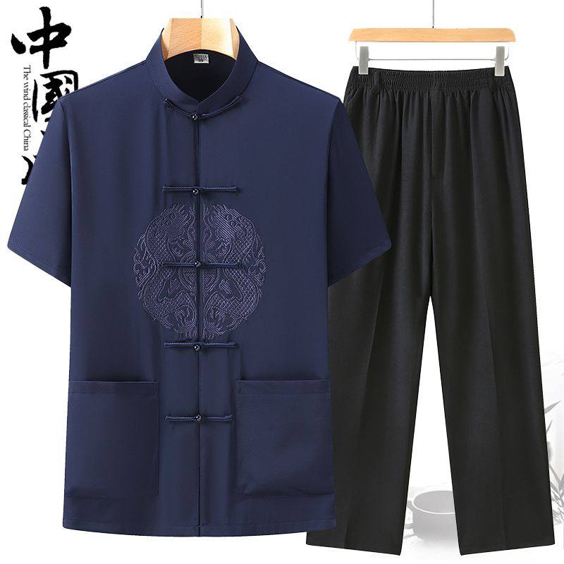 夏季薄款中老年男士红色唐装套装中式爸爸本命年大码短袖衬衫汉服,男装,唐装,淘宝优惠券,粉丝福利购,淘宝优惠卷