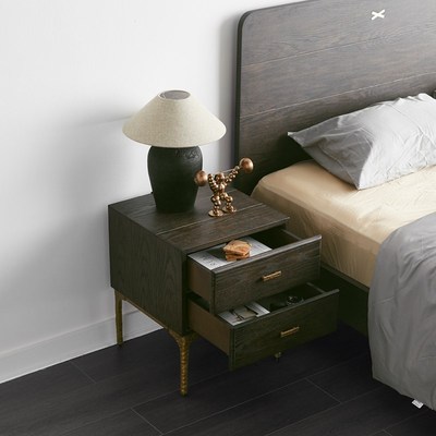 北欧复古侘寂风表情做旧床头柜铸铁烟熏色实木小户型卧室床边柜子