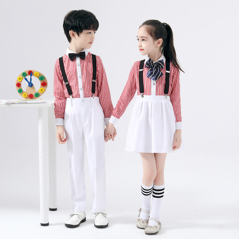 元旦儿童演出服小学生合唱男童背带裤女童礼服主持人朗诵表演服装
